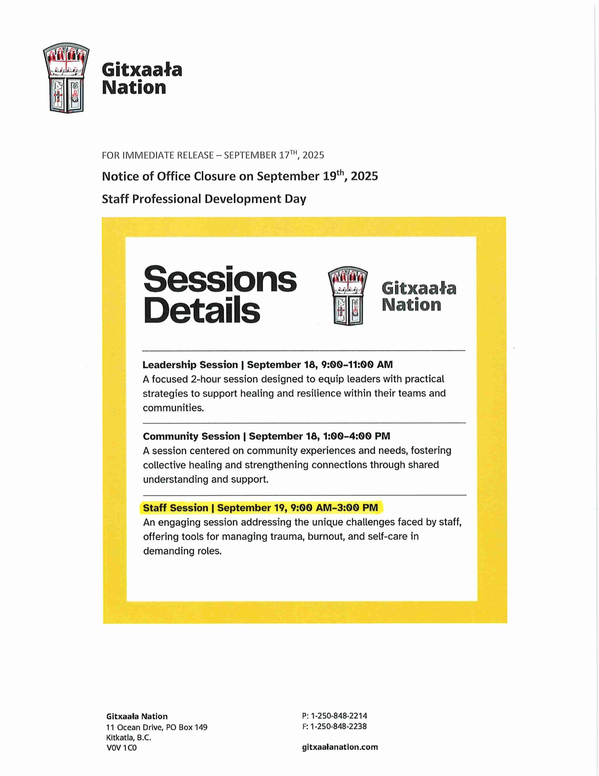 Notice of Office Closure on September 19th, 2025 Staff Professional ...